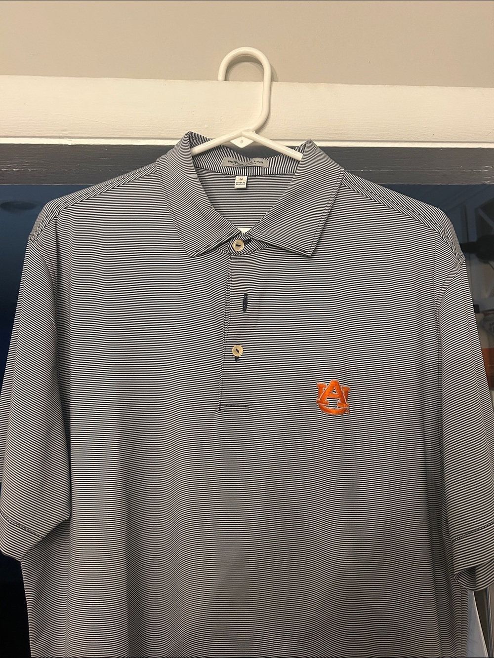 Peter Millar Navy Micro-Striped Polo with Auburn Orange Logo